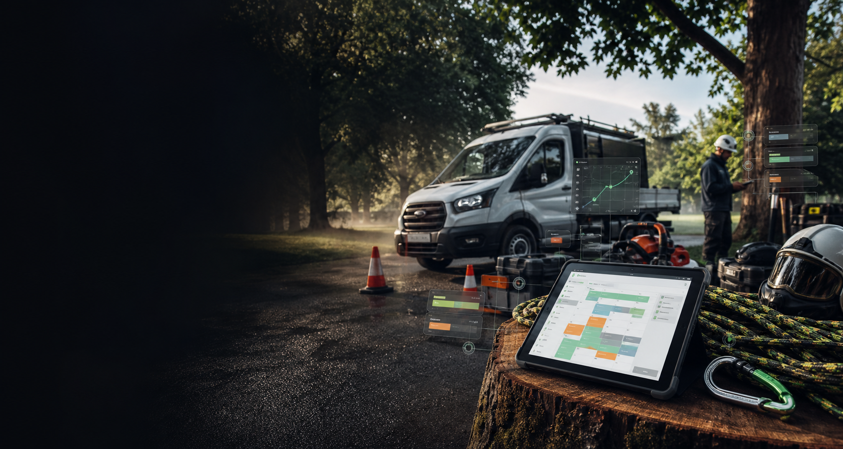 Arboriculture work yard with a modern scheduling tablet